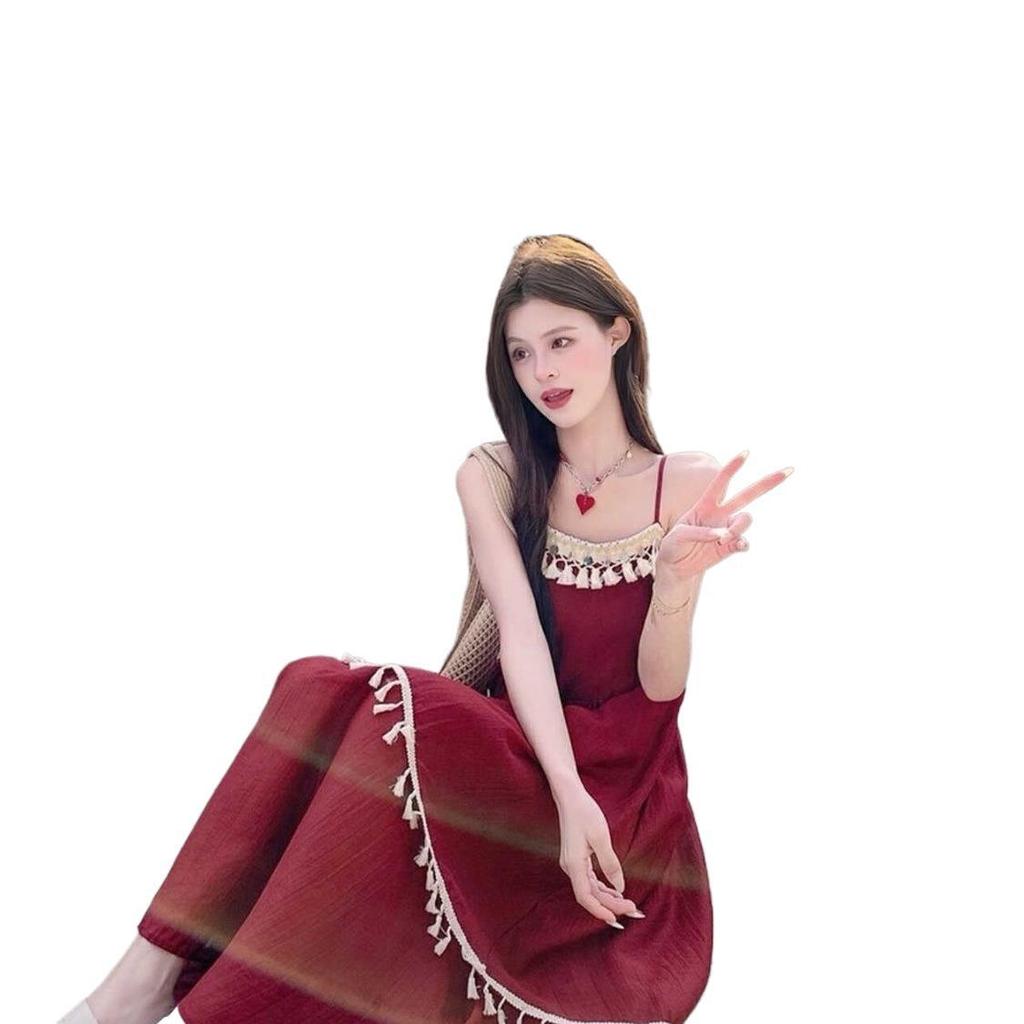 Red Tassel Patchwork Strappy Bohemian Long Dress - Ethnic Holiday Style Summer 2025