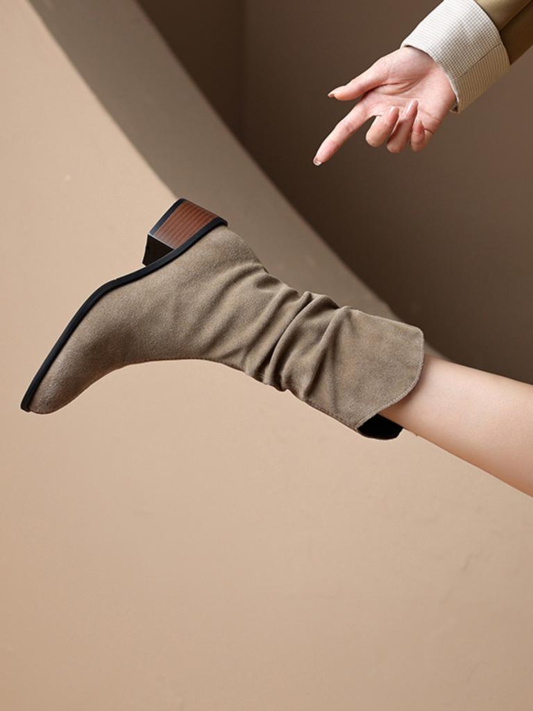 Coarse Heel Medium Boots Frosted Leather Martin Boots Women's New Autumn and Winter New Short Boots Khaki Pile Boots