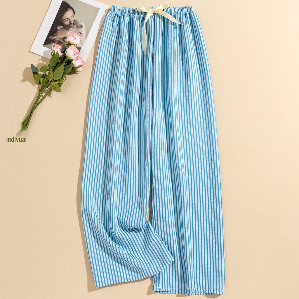 Women's Striped Pajama Pants - Summer Bubble Stripe, Slim, High Waist, Plus Size, Loose, Long Pants for Indoor/Outdoor Wear.