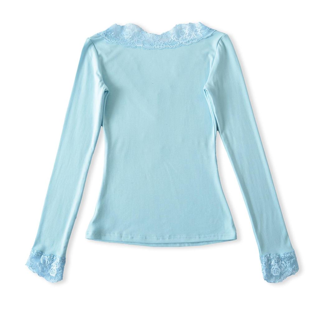 Lace Splice V-Neck Slim Fit Waist-Cinching Cotton Top for Women - Ideal for Autumn/Winter