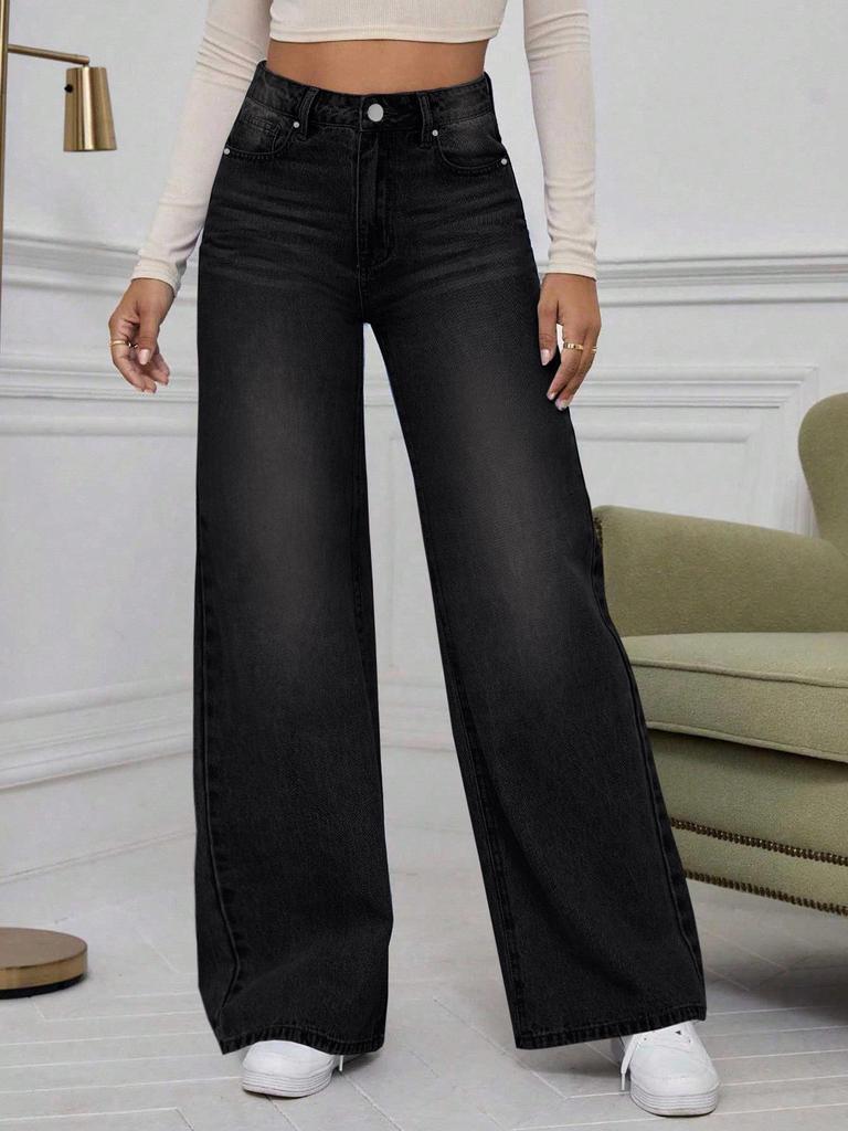 Women's Washed Black Denim Wide-Leg Jeans - Trendy, Loose, Straight, Casual Fashion