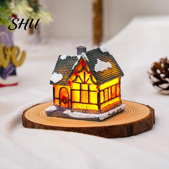 Desktop Christmas House Ornament Glowing Romantic Warm Lighting Resin Craft Small Glow LED Snow Covered Decoration Figurine Statue Party Festival Gift