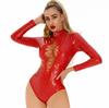 Body Cosplay da Cameriera Sexy da Donna Taglio Alto Benda Foro Stretto Catsuit in Ecopelle PU Lattice Lucido Pezzo Unico Leotard