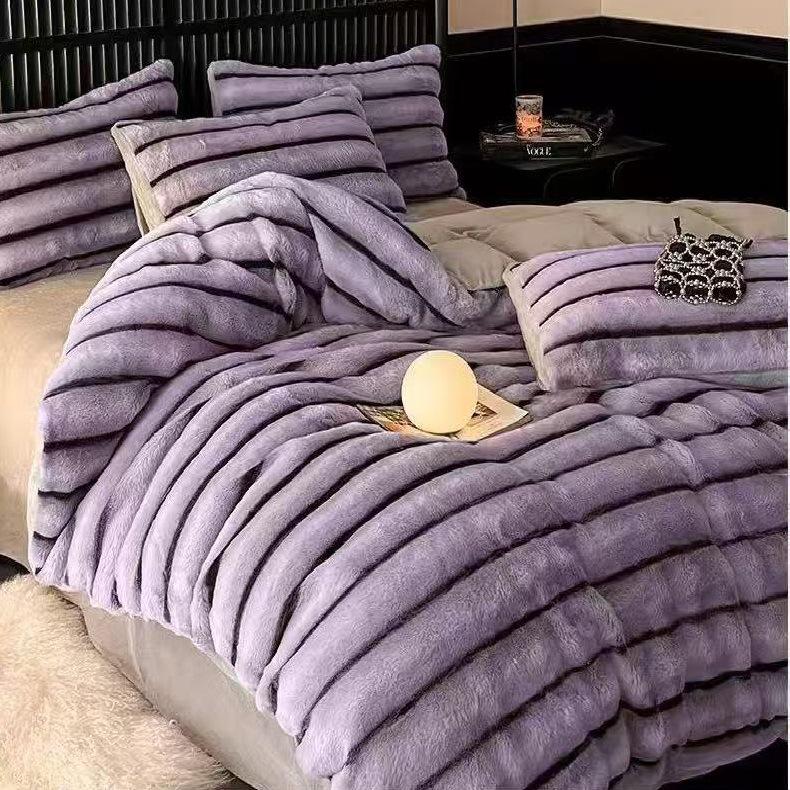 

Thick Luxury Rabbit Fur Plush 4 Piece Set Winter Thermal Quilted Cover Milk Velvet Bedding Set Includes Comforter Cover Flat Sheet And Pillowcases 1.8m фіолетовий