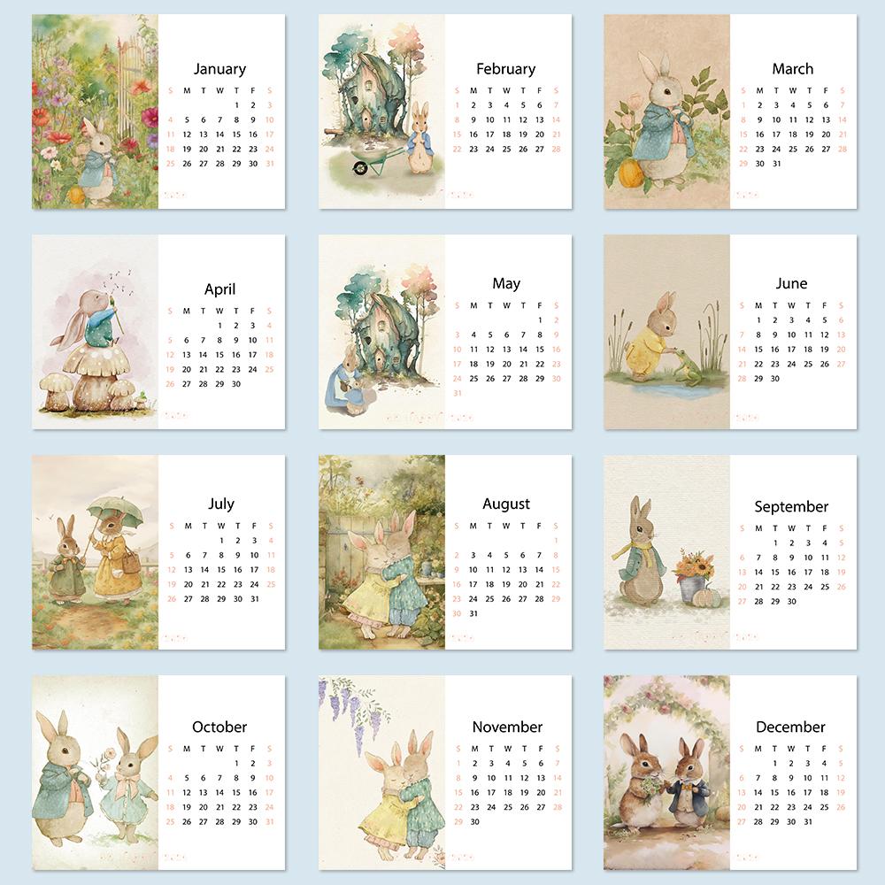 1pc 2026 Hand-Drawn Peter Rabbit Calendar, 12 Unique Illustrations,Monthly Planner, Perfect Gift for Birthdays & Christmas