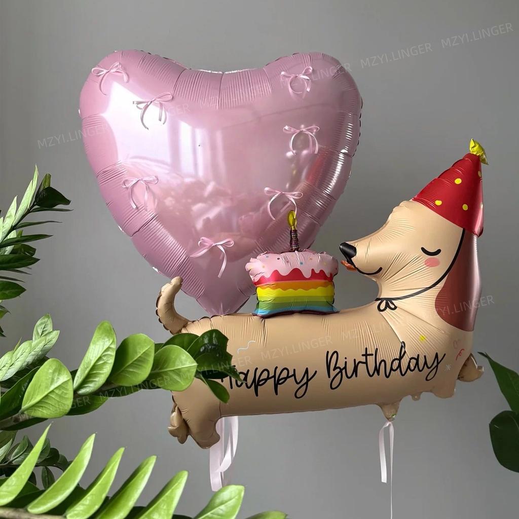 Cartoon style birthday dog balloon set with red bow balloons and pink heart balloons for birthday decoration and photo props