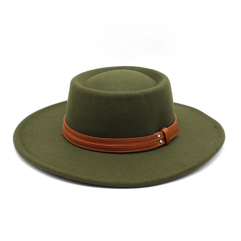 French Double Belt Buckle White Woolen Hat Flat Top Top Hat Female British Retro Style Wide Brim Felt Hat