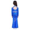 Mädchen Glitzer Pailletten Crop Top Cold Shoulder Fingerlöcher Reißverschluss Hinten Schlaghosen Bühnen-Set