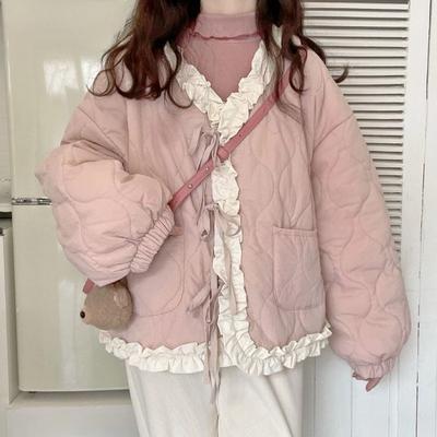 Giacca invernale calda e carina in stile coreano da donna, elegante, con collo a balze, dolce, parka, soprabito, giapponese, harajuku, kawai, imbottito, 2024