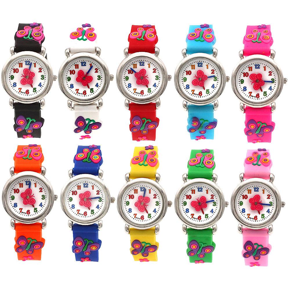10pcs/Lot, Butterfly Watch 3D Silicone Strap Children Quartz Watch Kids Girl Boys Students Watches Wristwatch Gifts Wholeslaes