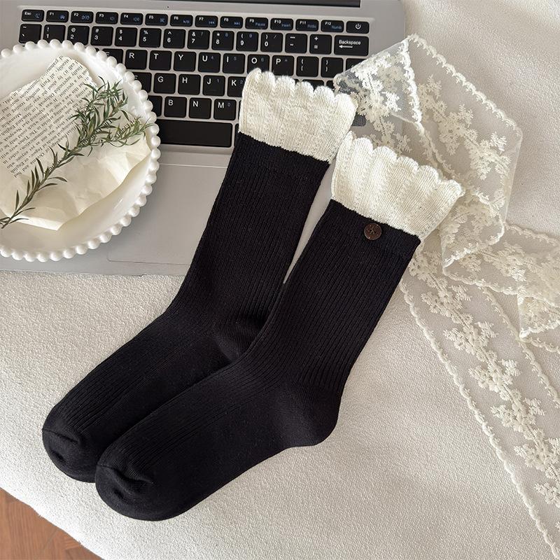 

Женские осенне-зимние носки с отворотом на пуговицах, кружевные, средней длины, с отворотом 1 pair