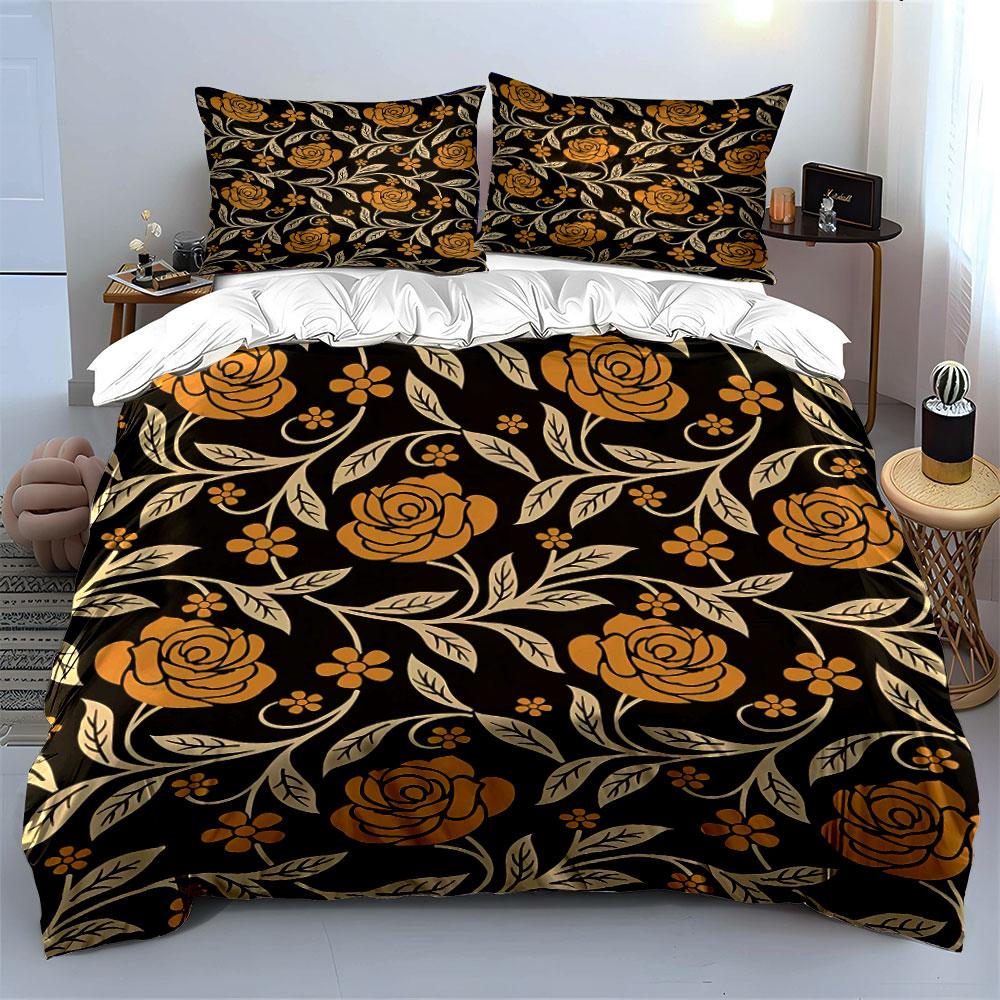Golden Floral Print Bedding Bedding Duvet Cover Set Duvet Cover Pillowcases (1 * Duvet Cover 2 * Pillowcases, without duvet insert)