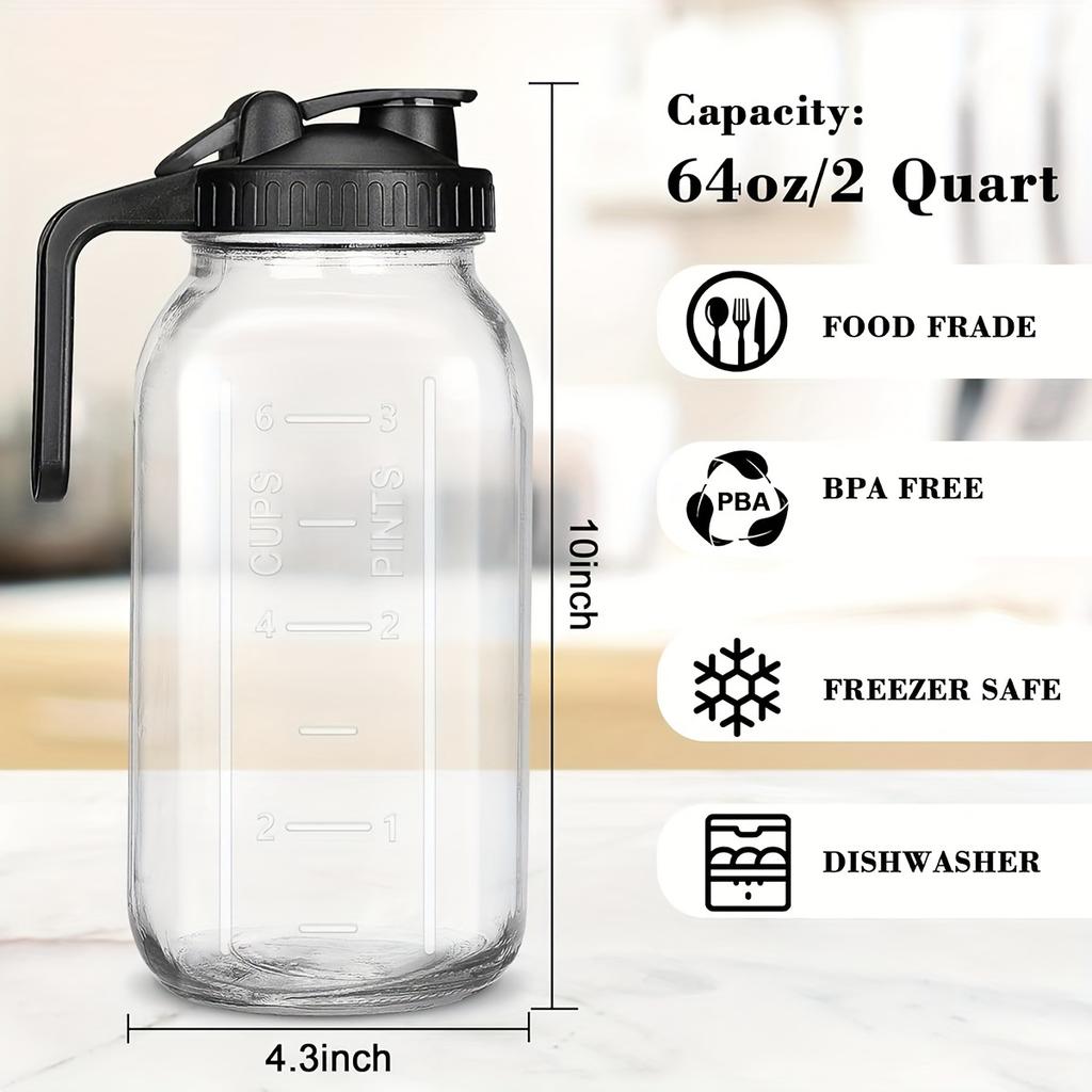 1pc-Mason Jar Pitcher, 64OZ Breast Milk Pitcher Double Leak Proof With Pour Spout Handle, Wide Mouth Iced Tea Pitcher For Fridge