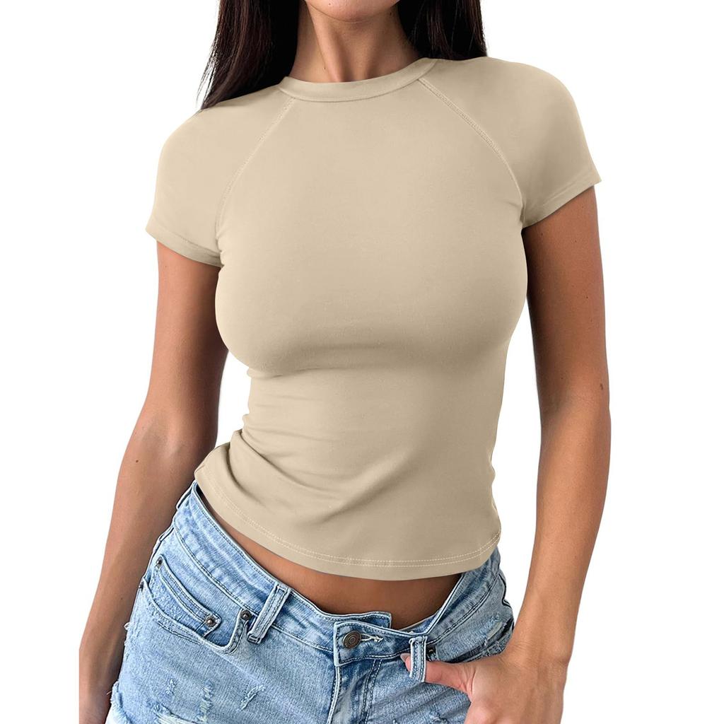 Women's Fashion Casual Slim Fit Raglan Short Sleeve Bottoming Shirt Outerwear Top