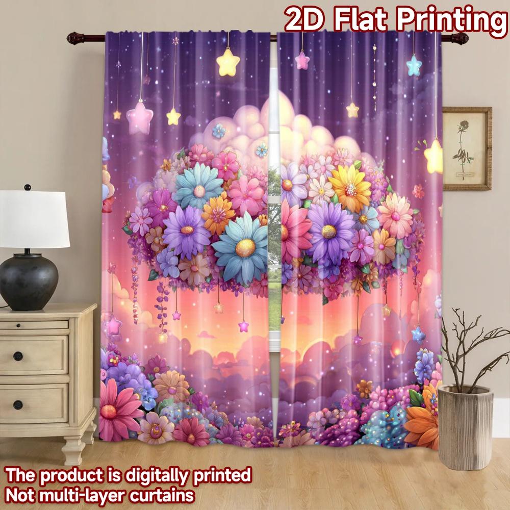 2D flat printing 2pcs Party Curtains Dreamy Cloud Flowers Starry Night Digital Printed Polyester Drapes Festive Curtains for