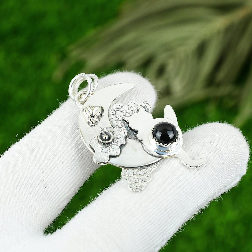 Black Onyx Gemstone Ethnic Engagement Wife Artisan Wedding Pendant 925 Silver