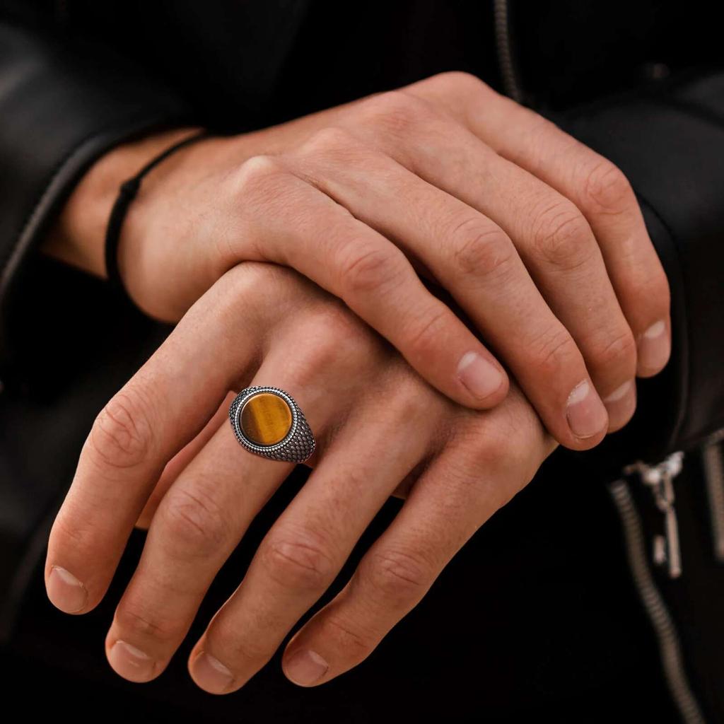 Prjewel Round Tiger Eye Stone Top Finger Band Black Zircon Stainless Steel Stamp Ring Dragon Scales Textured Signet for Men