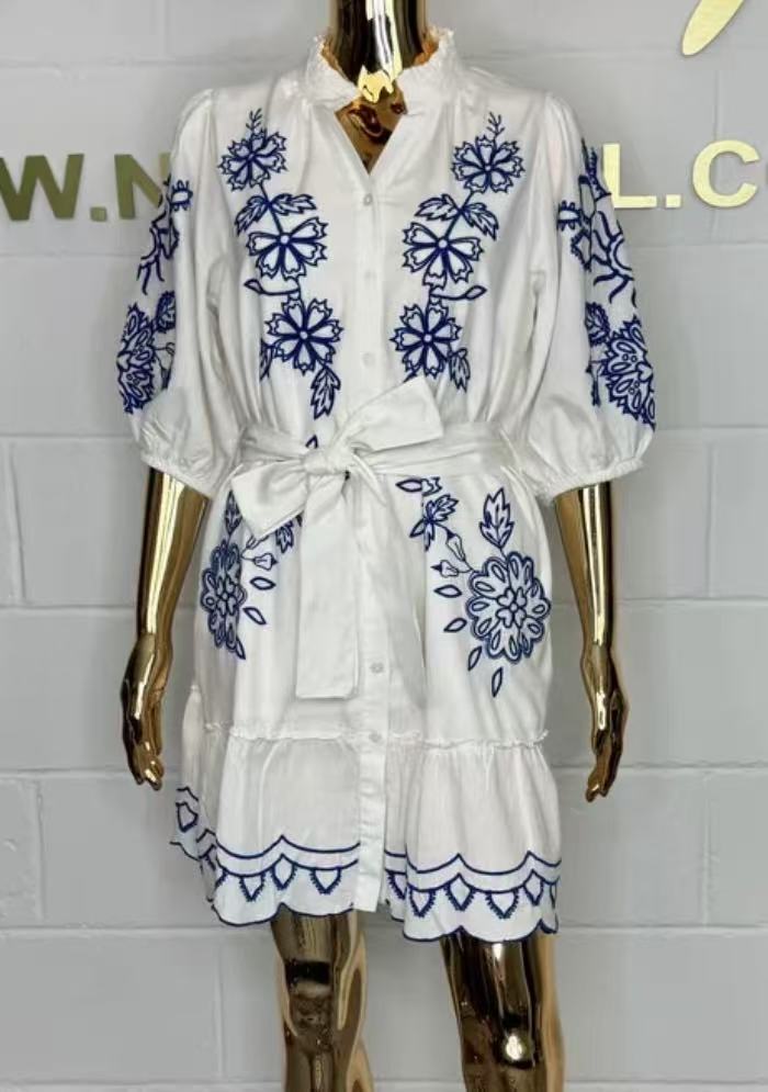 2026 summer new European and American printed V-neck shirt belt dress S