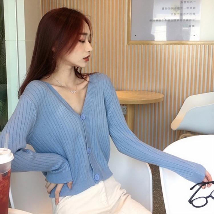 Women's Short Sweater Solid Color Knitted Cardigan Spring and Autumn V-neck Sweater Long Sleeved Jacket