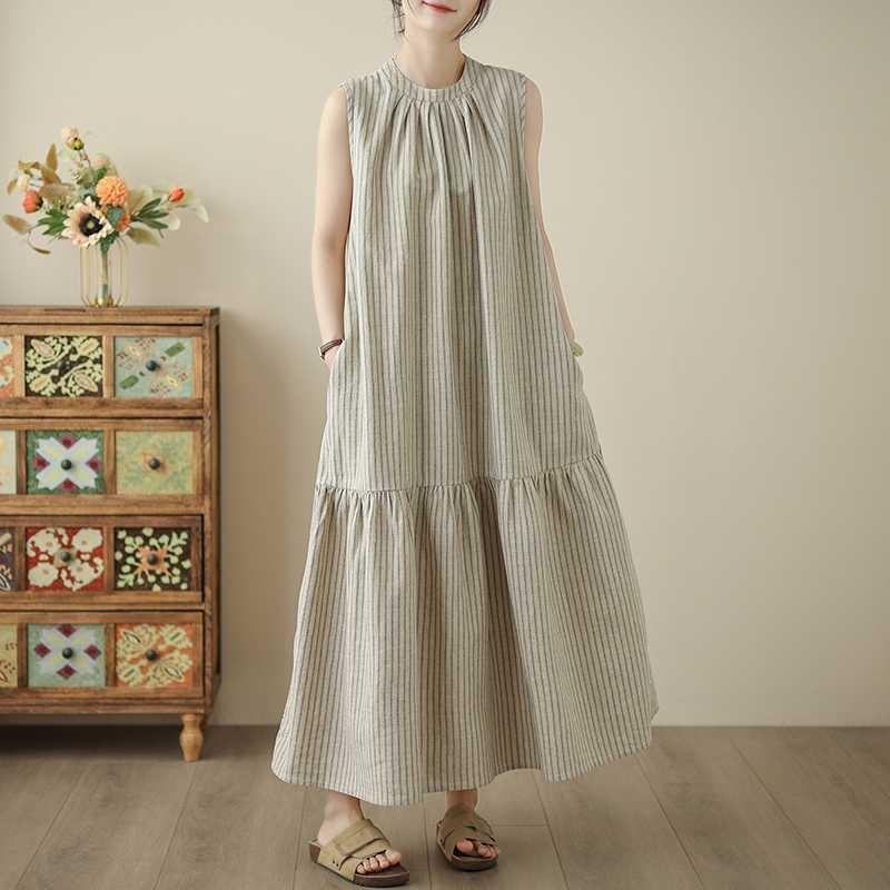 Yarn-dyed Cotton and Linen Cotton Vertical Strips Back Collar Slit Small Neckline Fishtail Pendulum