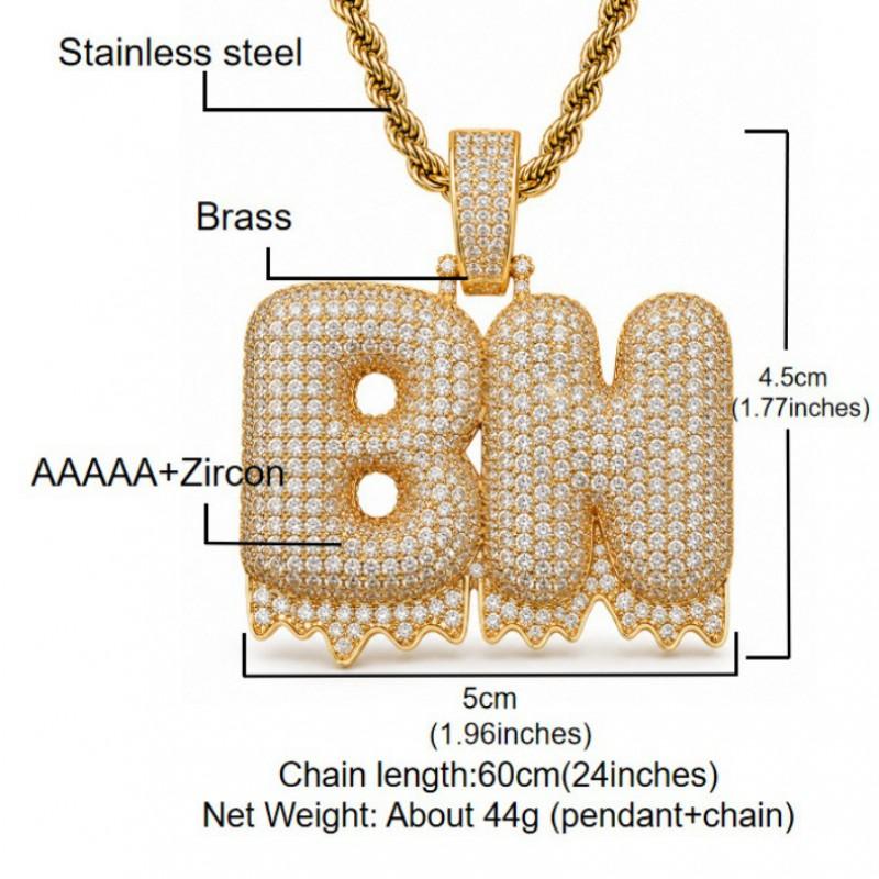 Hip Hop Mens Bubble Font Letter Pendant Necklace With Full CZ Rhinestones Gold Copper Chain