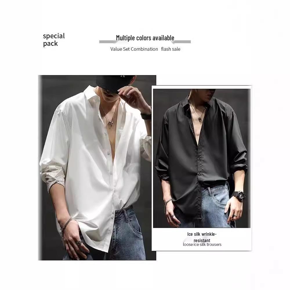 White Long-Sleeve Retro Loose-Fit Anti-Wrinkle Shirt