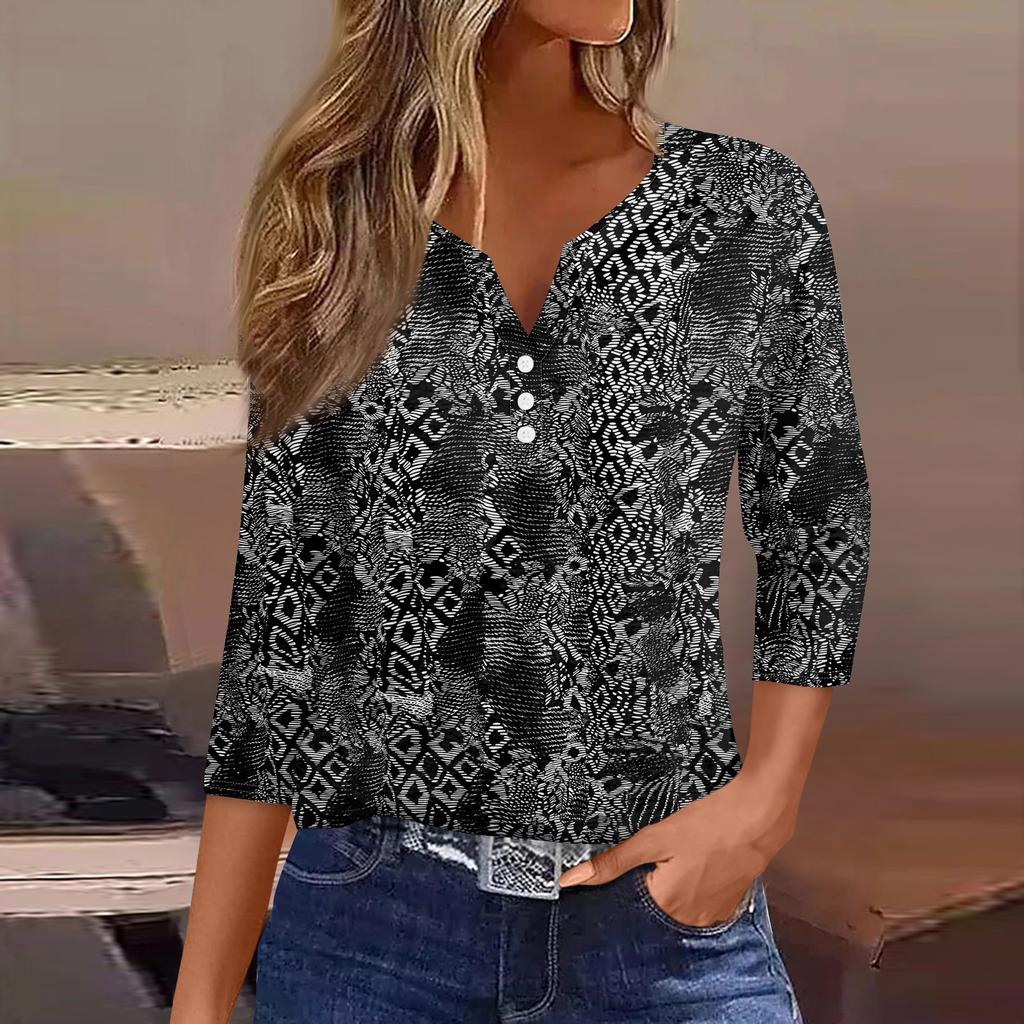 Women's T Shirt Tee Print Button  3/4 SleeveDaily Weekend Fashion Basic V- Neck Regular Top