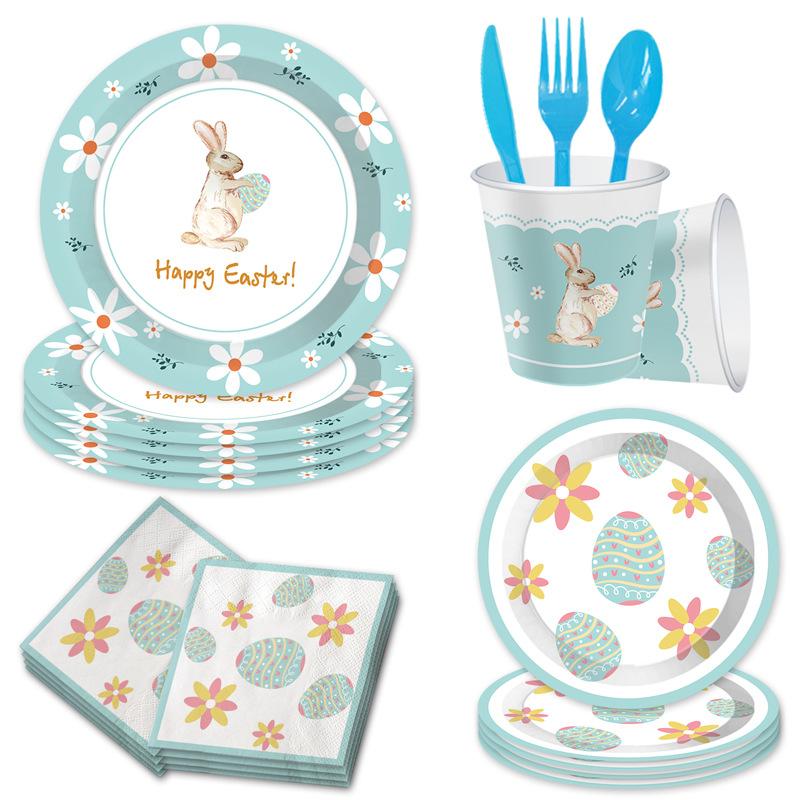 Easter Bunny Egg Theme Party Set Holiday Disposable Paper Plate Paper Cup Paper Towel Tableware Decoration