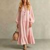 European and American new women's long dress casual loose stand-up collar buttons long-sleeved cotton and linen dress women