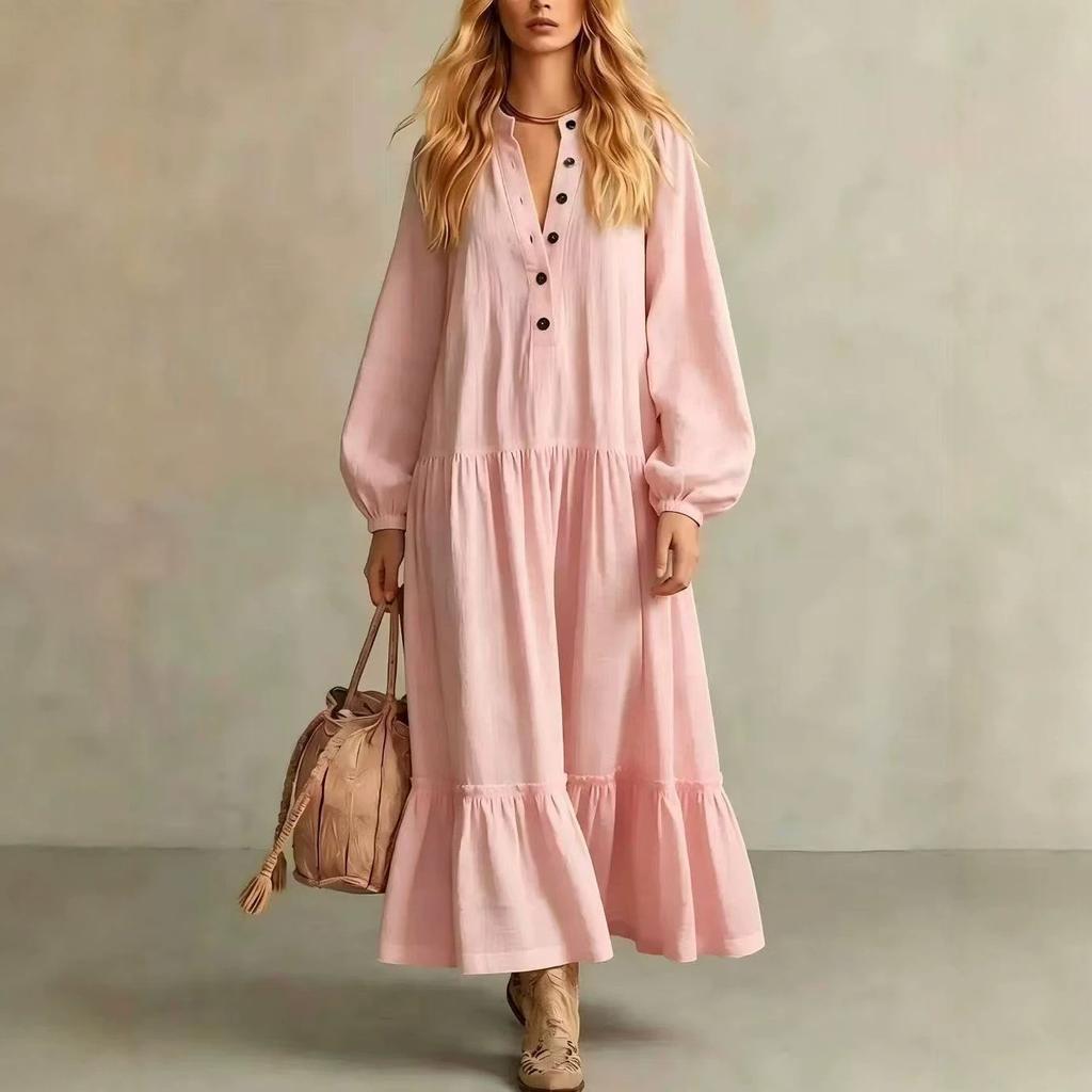 European and American new women's long dress casual loose stand-up collar buttons long-sleeved cotton and linen dress women