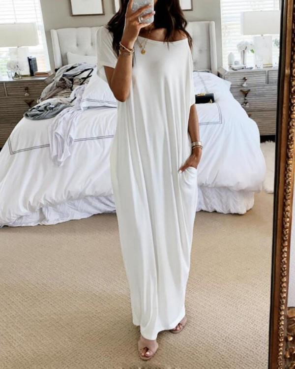 2025 Trendy European & American Women's Solid Short-Sleeve Long Summer Dress