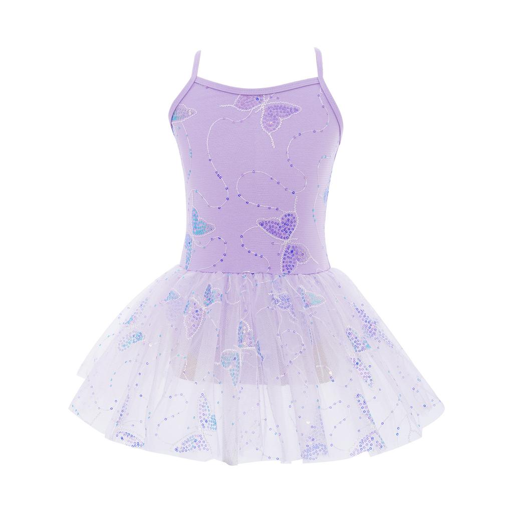 Girls Ballet Tutu Dress Cross Back Shiny Sequin Butterfly Embroidery with Built In Briefs