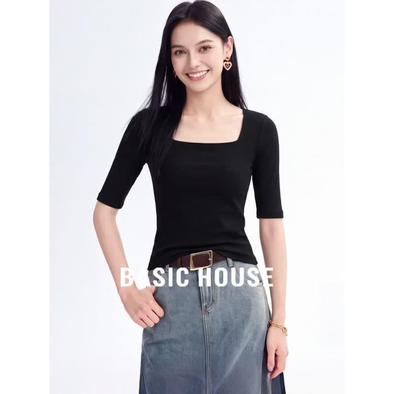 Basic House Women s Square Neck Slim Fit Short Sleeve T-shirt L