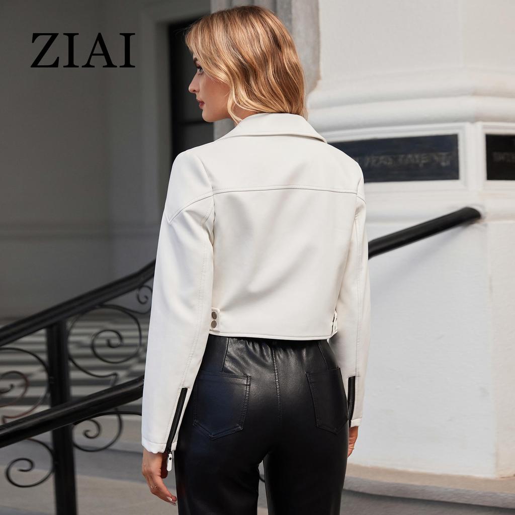 ziai Short Faux Leather Jacket Women Lapel Slanted Zipper Loose Waterproof Trench Coat Fashion PU Coat Streetwear ZP-23812