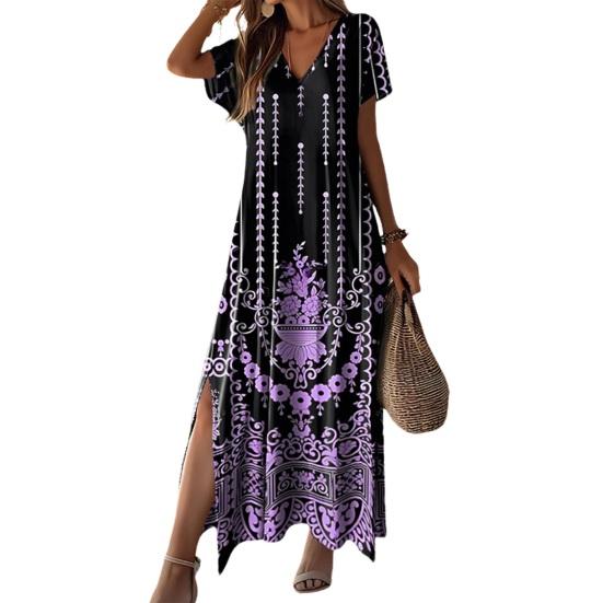 Sommerkleid für Damen, farblich passender geometrischer Druck, V-Ausschnitt, geteilter Saum, kurze Ärmel, A-Linie, lockere Passform, hohe Taille, lässiges Maxikleid für den Alltag