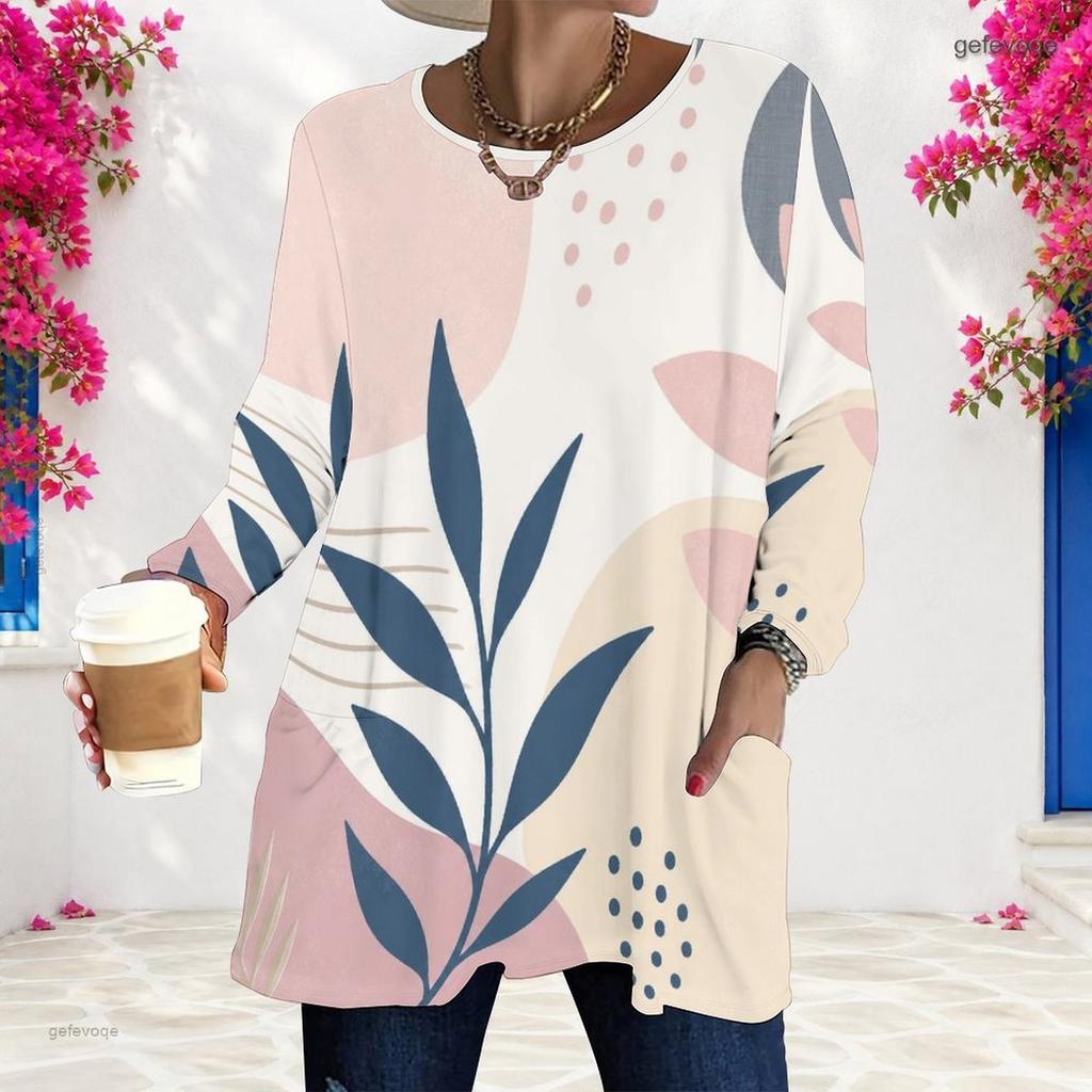 Women Plus Size Round Neck Long Sleeve Abstract Printed Loose Longline T Shirt With Pockets