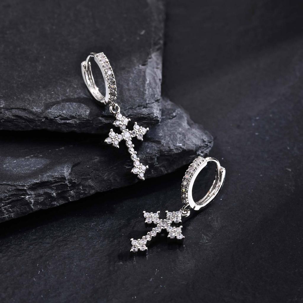 Full Cubic Zirconia Stones Cross Earrings Men Women,sparking Rhinestones Cross Dangle Earrings Gothic Punk Jewelry Gift