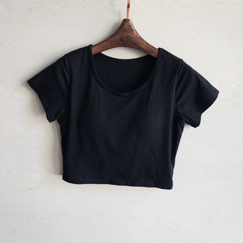 

Хвостовые товары Чистый хлопок с нагрудной подушечкой Футболка с коротким рукавом Женский беспроводной бюстгальтер Интегрированный топ, открывающий живот Фиксированная чашка Короткий летний Black M