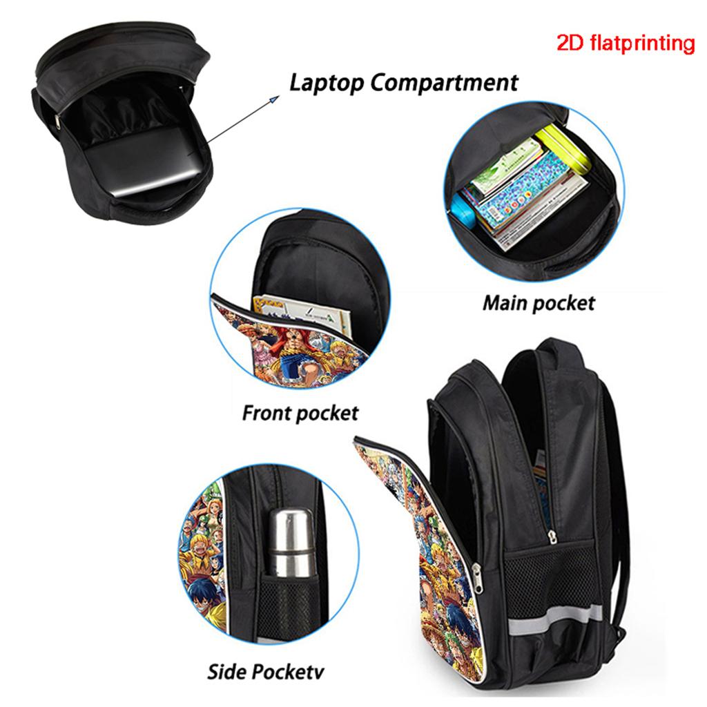 16 Inch Black Cartoon One Piece Backpack Mochila, Light Weight Unisex School Backpack Travel Daypack for Boys Girls Age 6-10