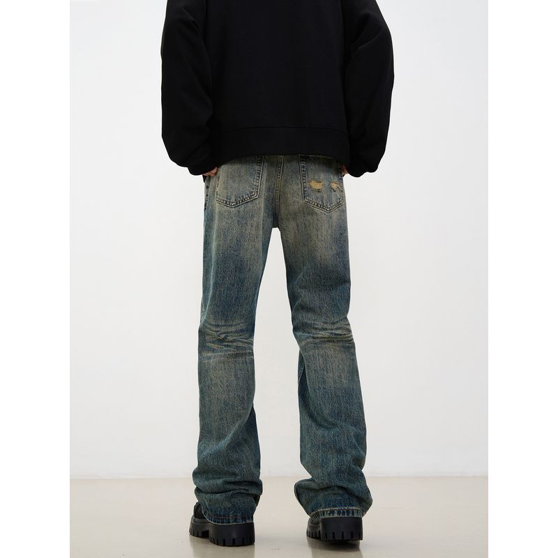 Kisko American High Street Washed Vintage Yellow Mud Flared Jeans for Men, Trendy Straight-Leg Slimming Cleanfit Long Pants