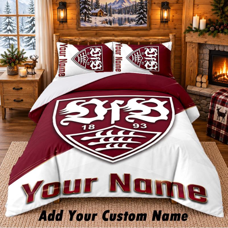 VfB Stuttgart FC Pattern Bedding 3Pcs Set Custom Name, Bed Sheet And Pillowcases For Home Bedroom