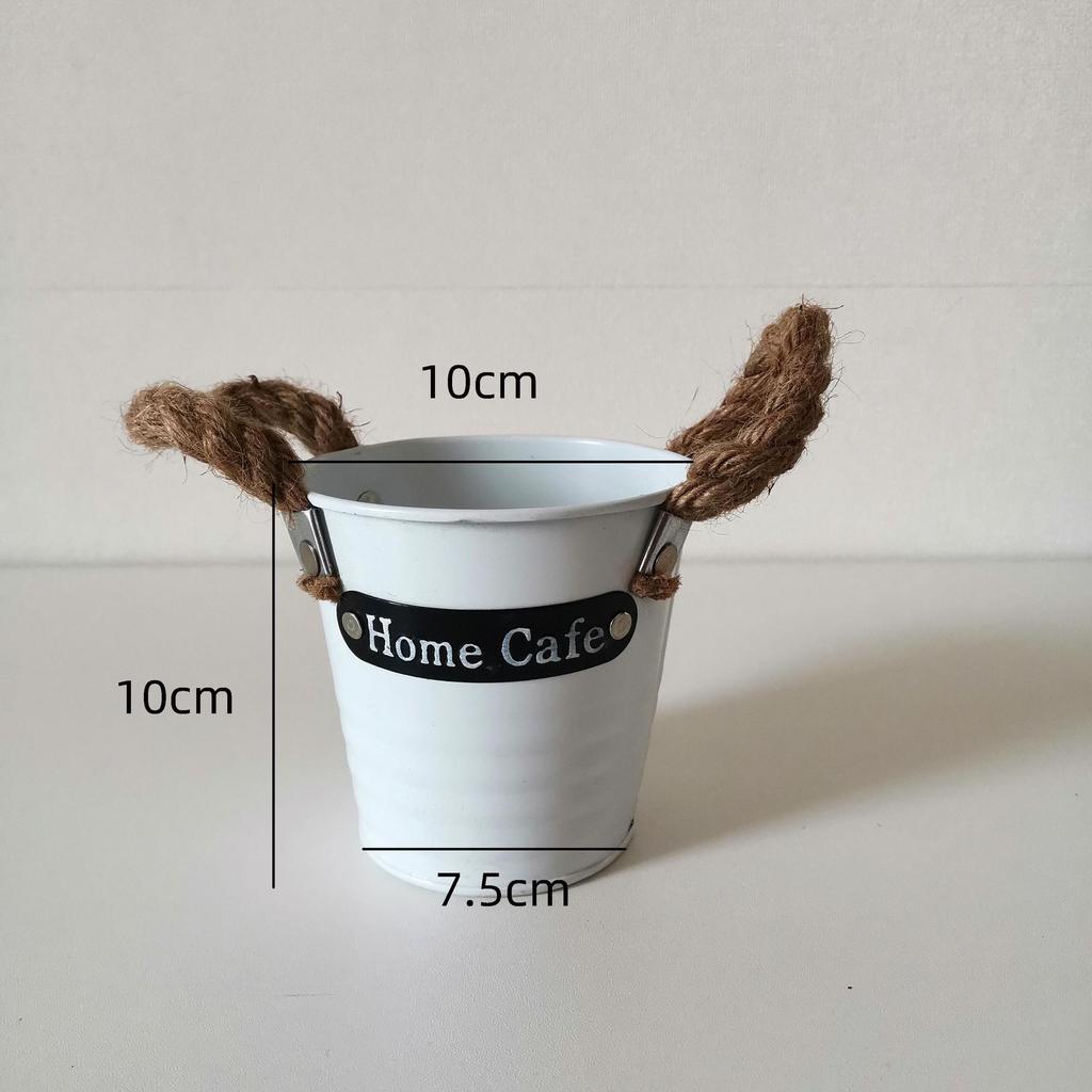Tin Flower Pot with Hemp Rope Succulent Holder - European Pastoral Wrought Iron Bucket
