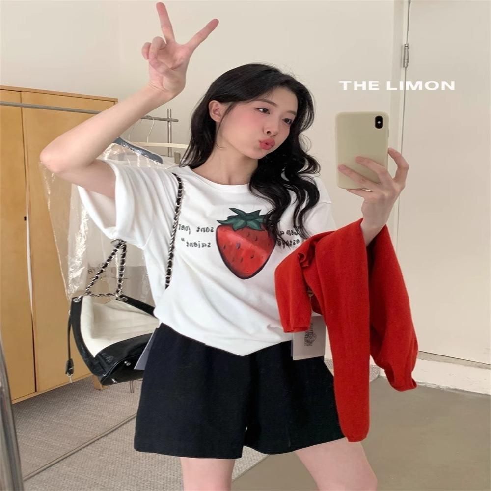 American Vintage Short Sleeve Pure Cotton T-Shirt Women's Summer Loose Plus Size Trendy Leisure Printed Casual Round Neck Top