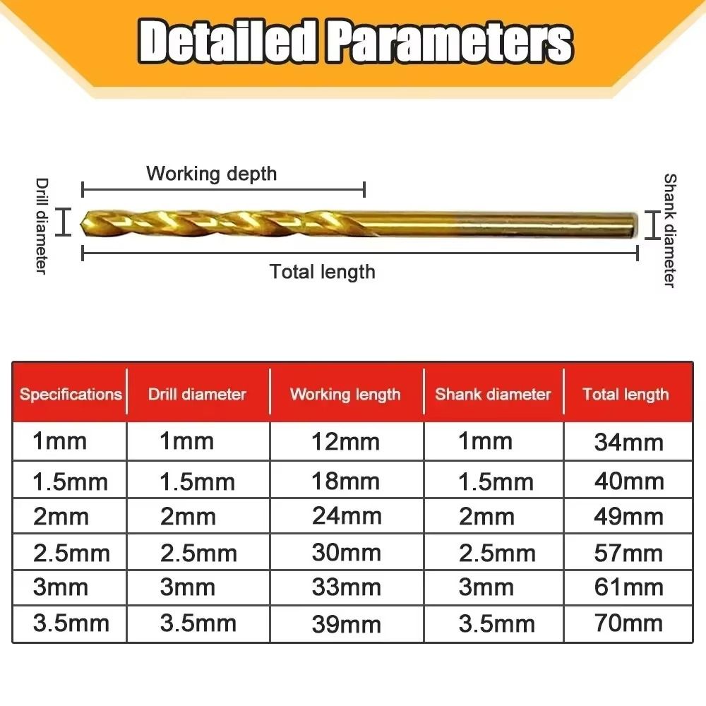 50Pcs Ti-plated Straight Shank Drill Universal Titanium Coated Drill Bits Durable Twist Drill Bit