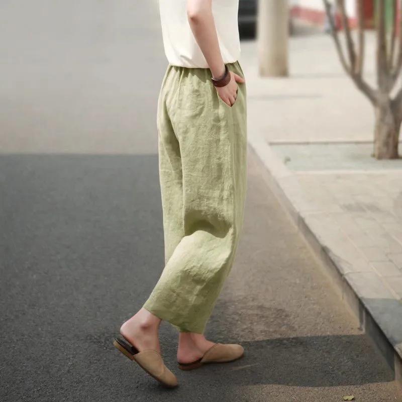 Pantaloni de vară pentru femei, culoare uni, secțiune subțire, Haren cu picior lat, literari, largi, de agrement, drepți, lungime nouă minute