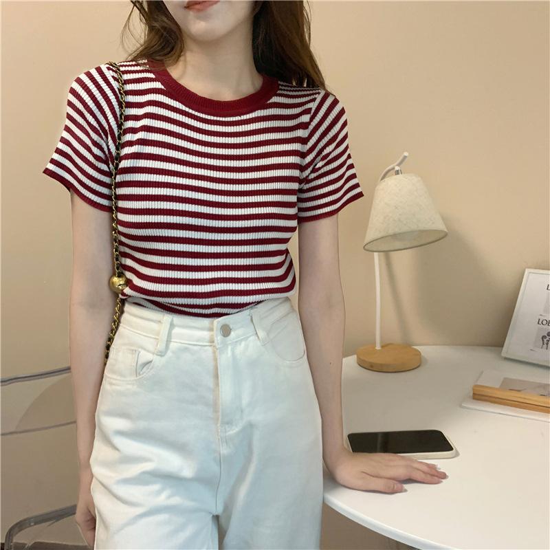 

Футболка с круглым вырезом и короткими рукавами, женская летняя, с высокой талией, тонкая, в полоску, узкая, короткая, трикотажная, повседневная, облегающая, свитера, футболки One size