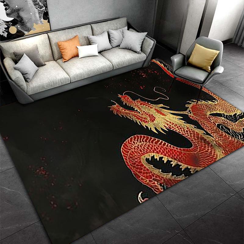 Chinese Dragon Pattern Carpet with Black Background, Bold Red Design Suitable for Use As an Anti-slip for Living Room Bedroom Sofas