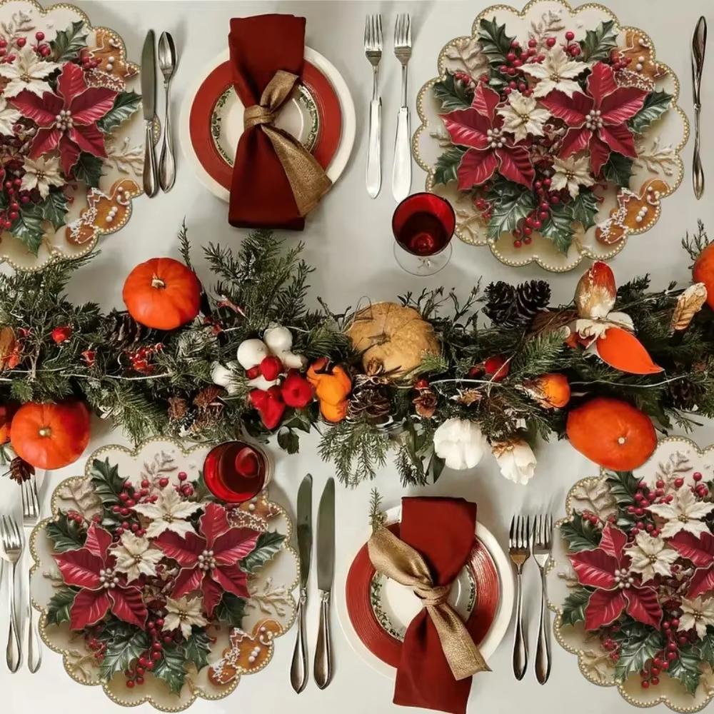 4pcs/set Printing Christmas Round Wave Placemat Anti-slip Heat-resistant Table Mat Banquet Christmas Decoration Tablecloth