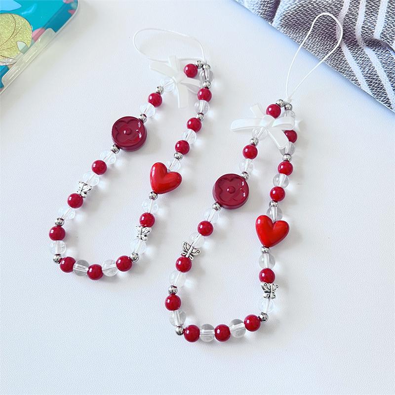 Strawberry Pearl Phone Chain Cherry Love Beads Pendant Charm Sweet Earphone Case Hanging Rope Anti-Lost Lanyard Strap Bag Decor