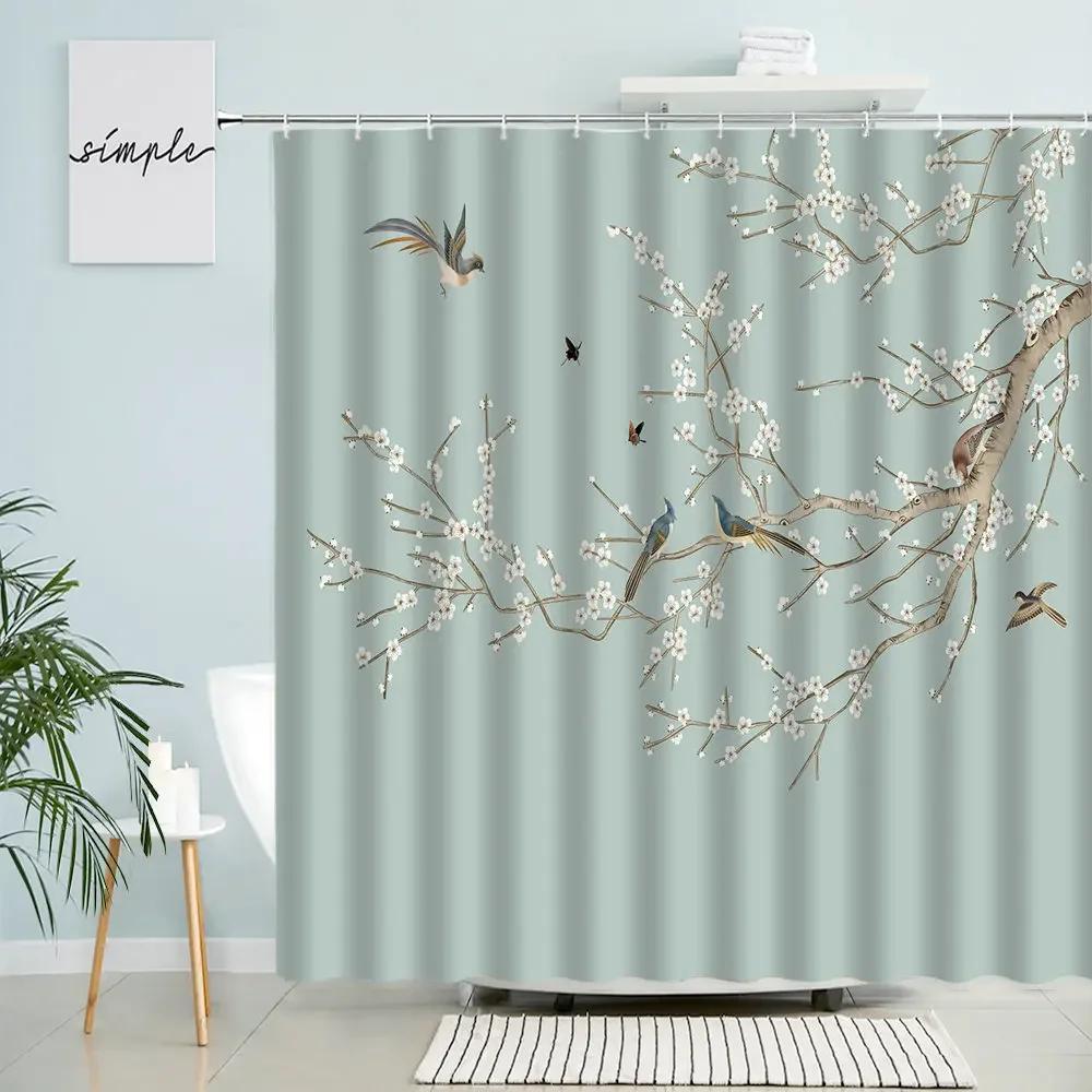 Chinese Landscape Shower Curtain Flowers Branches Plants Birds Animals Bathroom Wall Decor With Hook Waterproof Polyester Screen